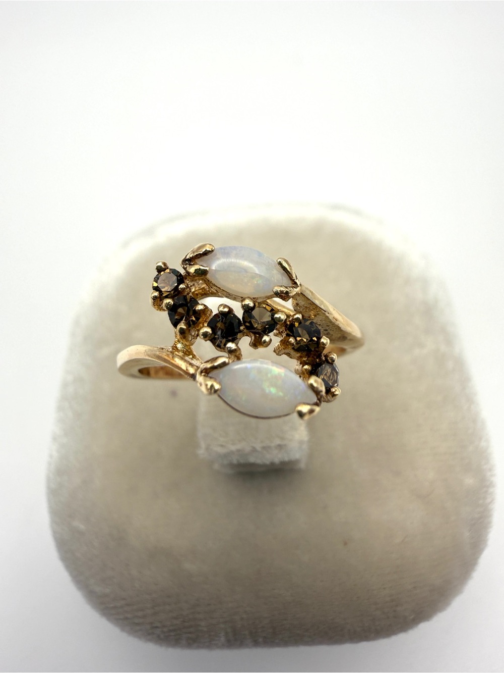 Opal Marquise Gold Ring with Smoky Quartz Size 6